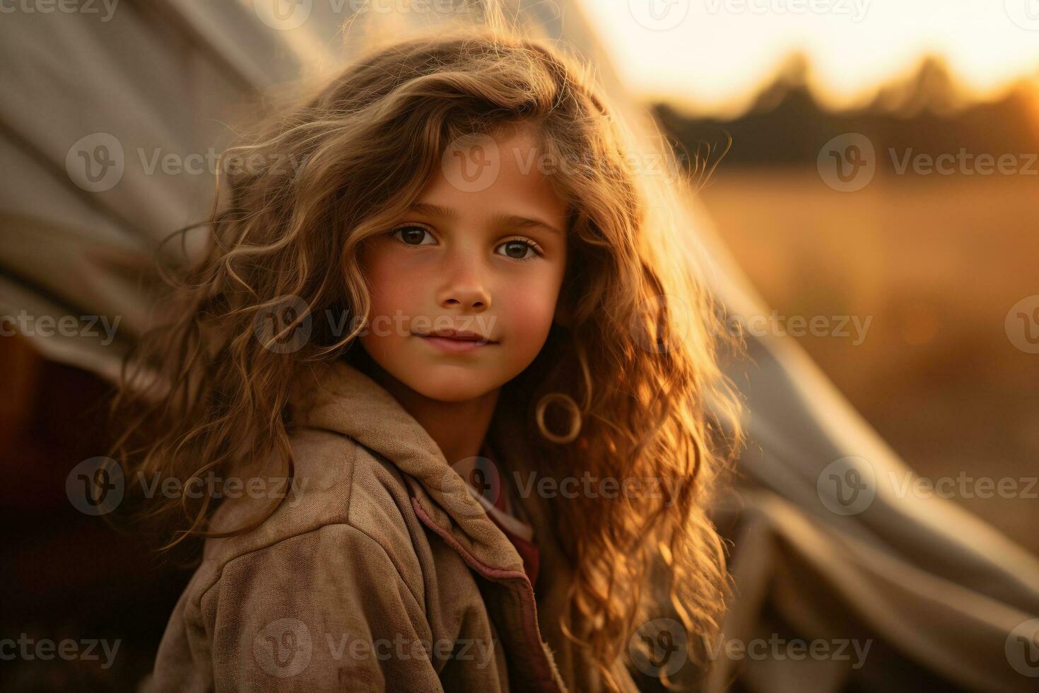 Portrait of cute little girl at camera while standing near camping tent at sunset AI generated photo