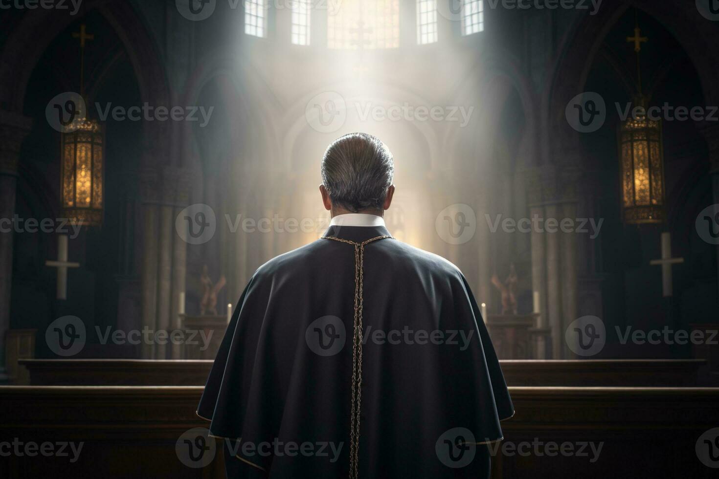 Rear view of priest looking at church interior. Religion concept. AI generated photo