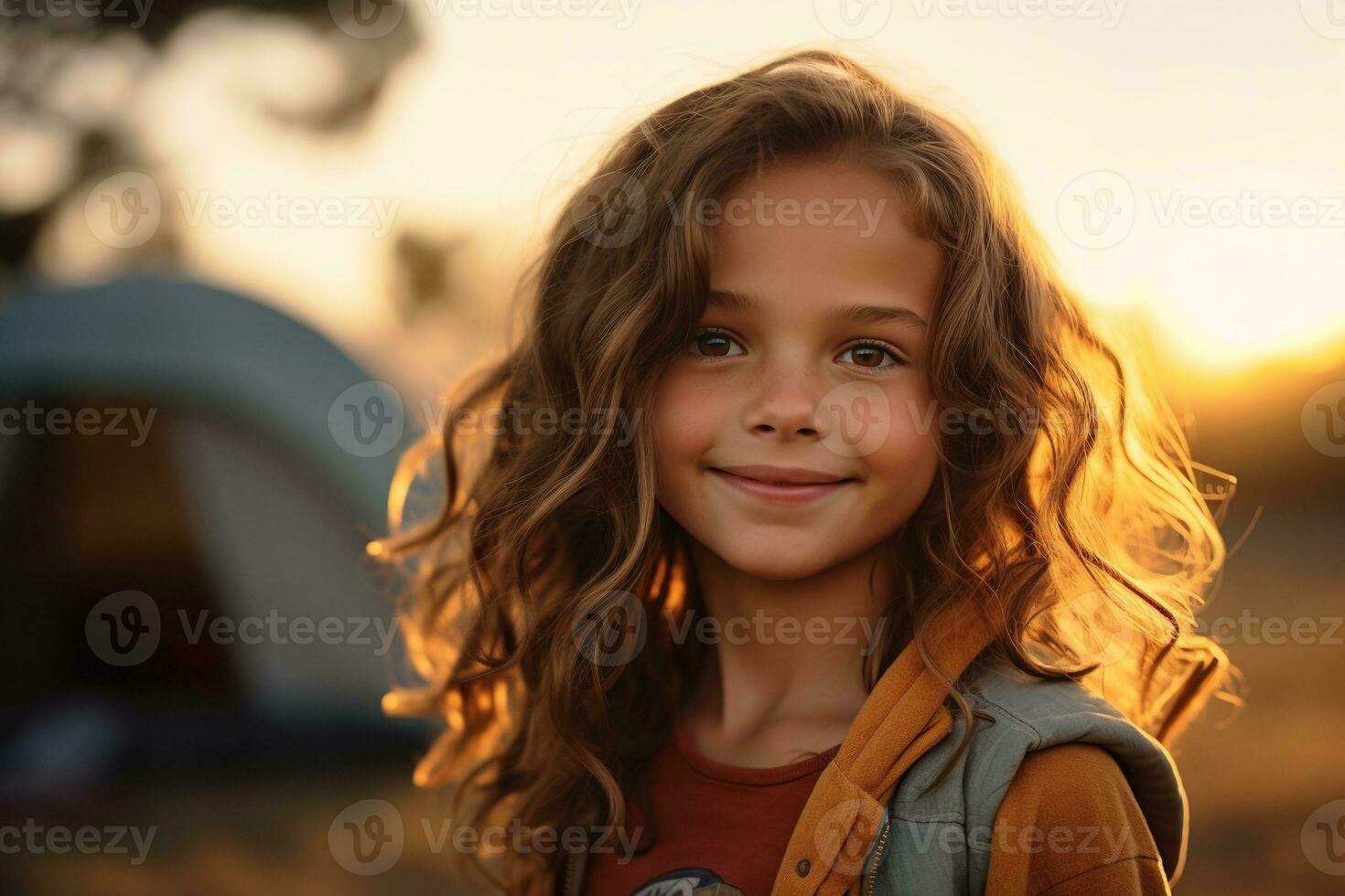 Portrait of cute little girl at camera while standing near camping tent at sunset AI generated photo