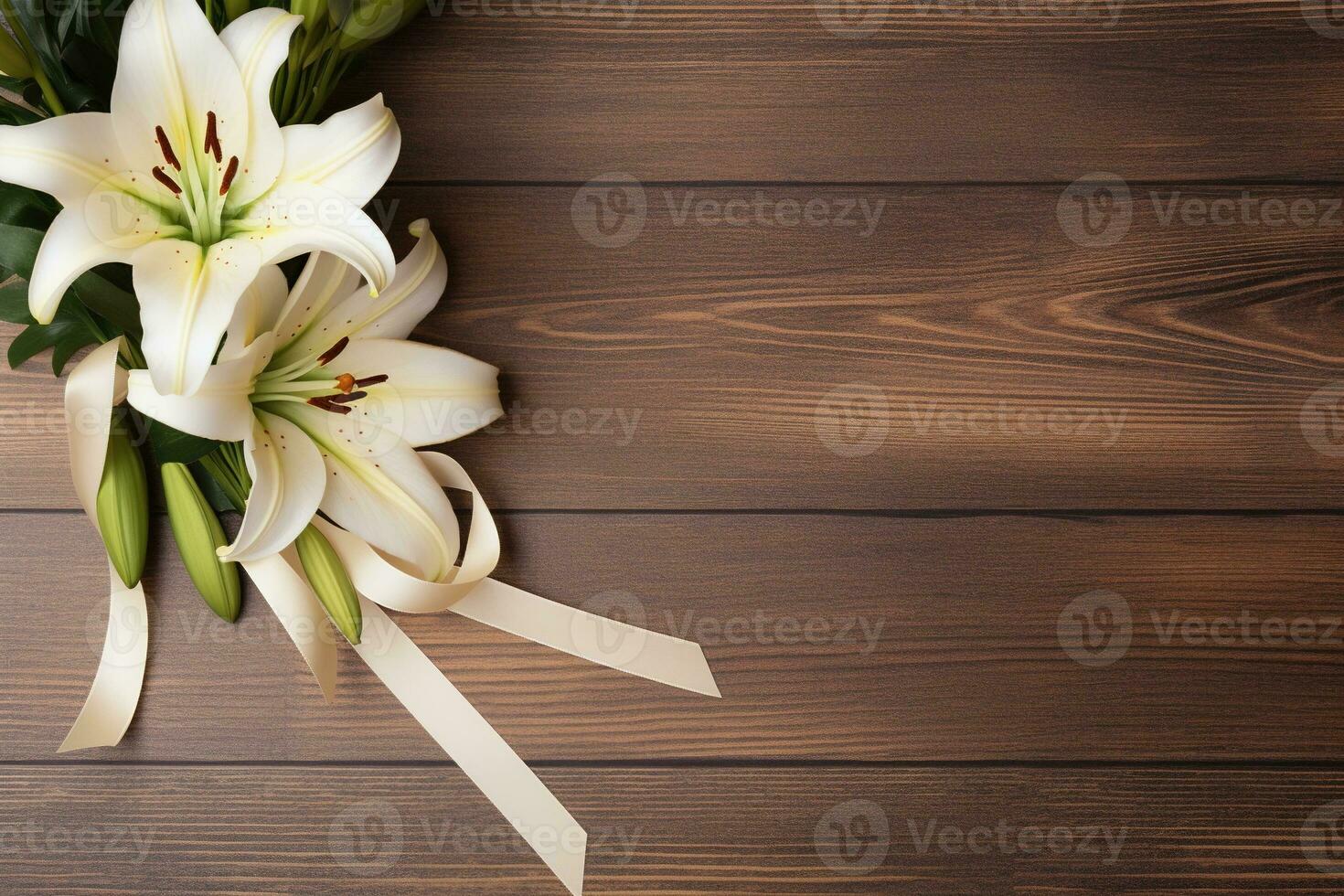 White lily flowers on wooden background. Top view with copy space.Funeral Concept AI generated photo