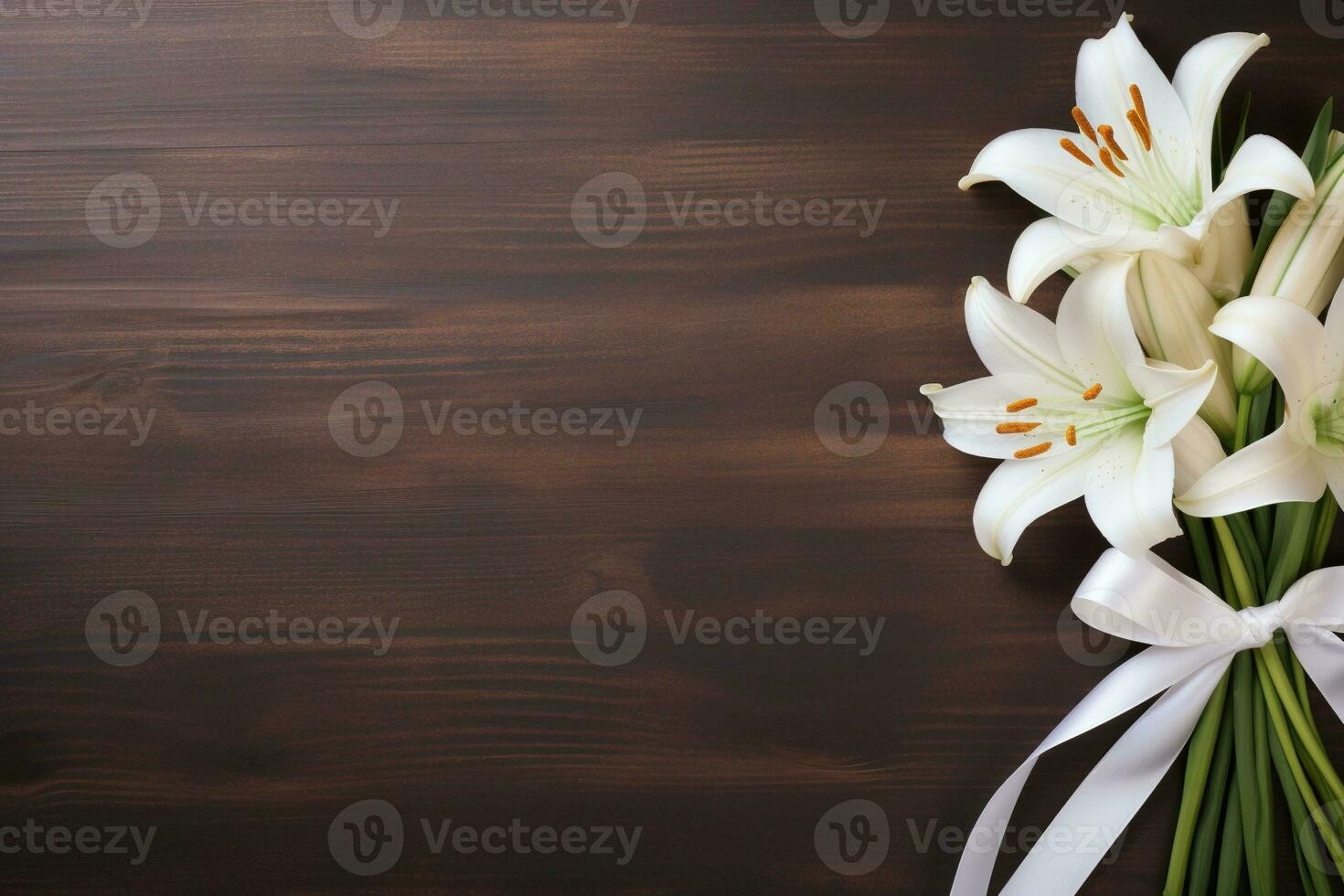 White lily flowers on wooden background. Top view with copy space.Funeral Concept AI generated photo