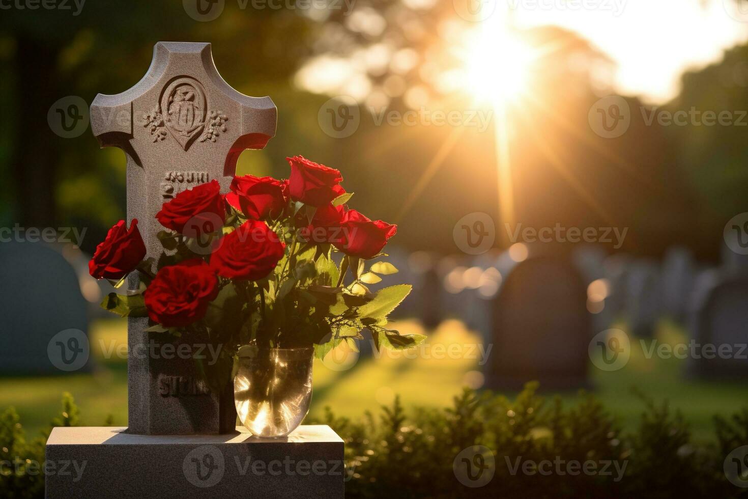 Red roses on a grave at a cemetery during the sunset with copy space AI generated photo