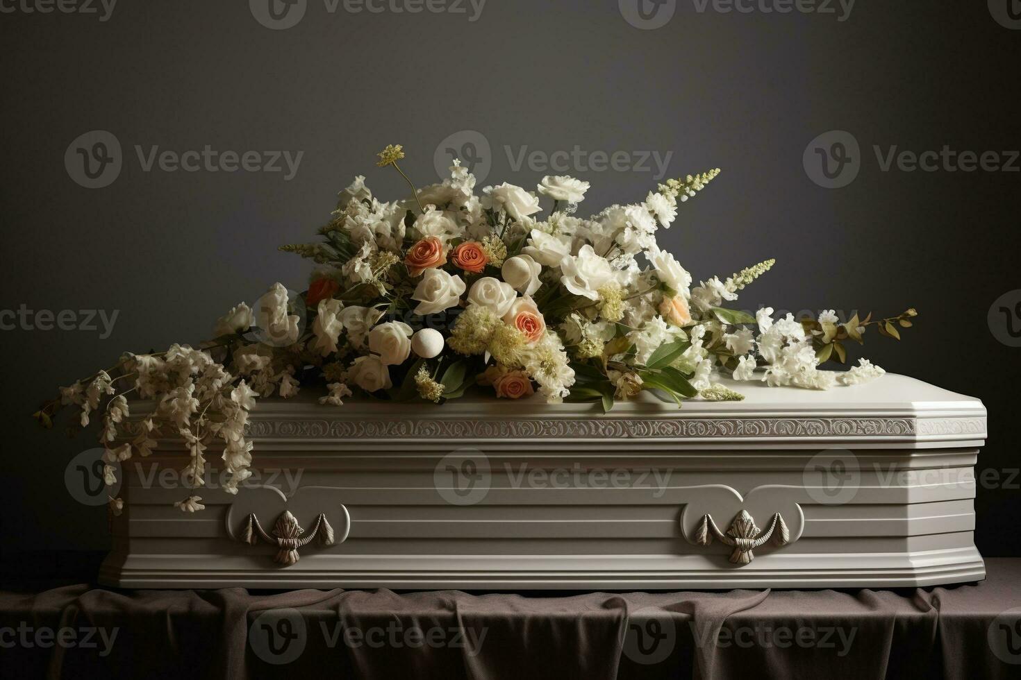 White coffin with flowers. The concept of funeral. AI generated photo