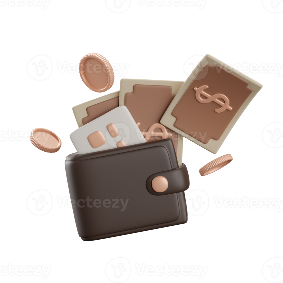 illustration of a credit card and wallet with cash. 3d rendering. png