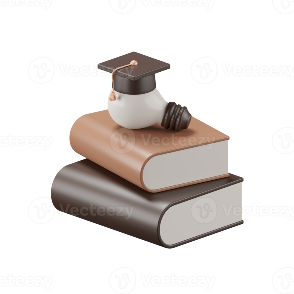 3d rendering of book and light bulb with graduation hat. png