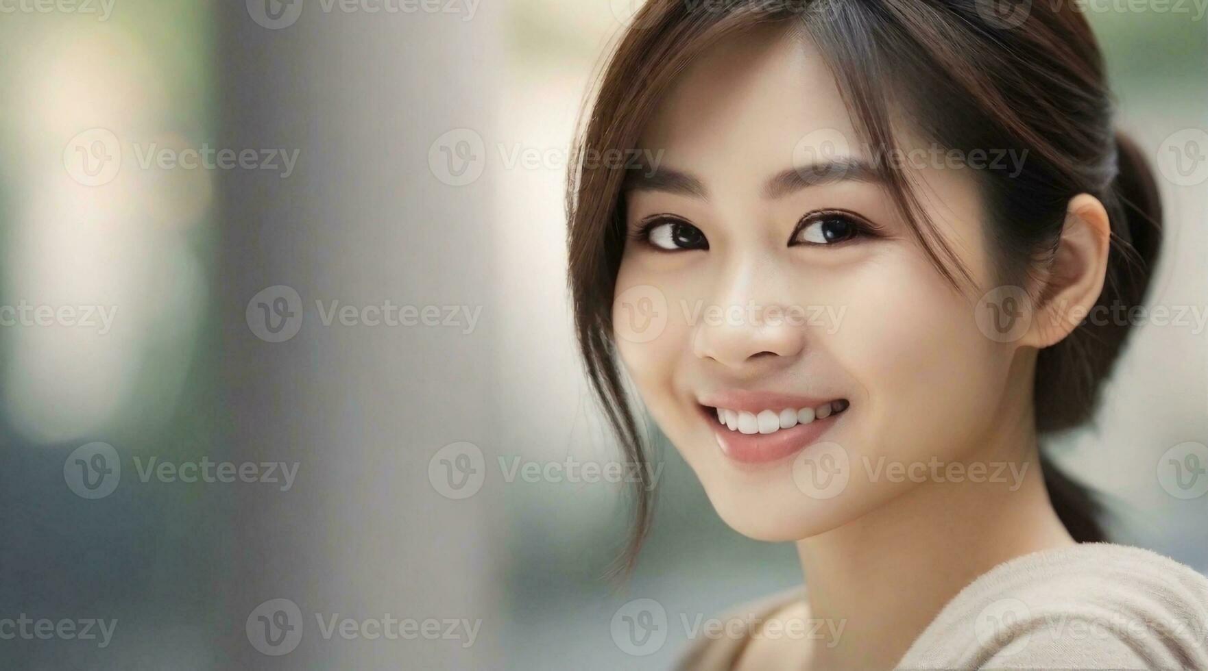 beautiful smiling asian female portrait with space for text on the side, background image, AI generated photo