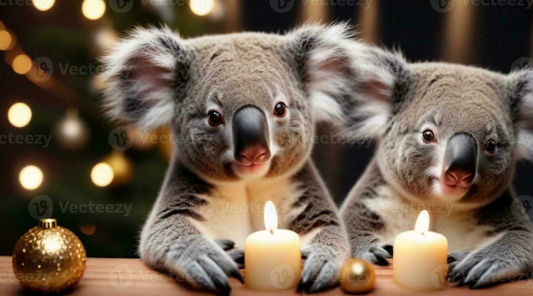 Cute koalas posing against New Year's eve ambience background with space for text, background image, AI generated photo