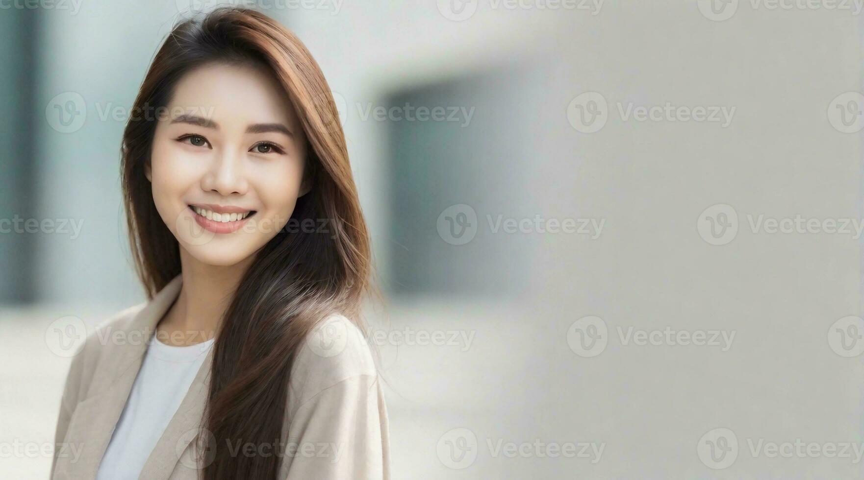 beautiful smiling asian female portrait with space for text on the side, background image, AI generated photo