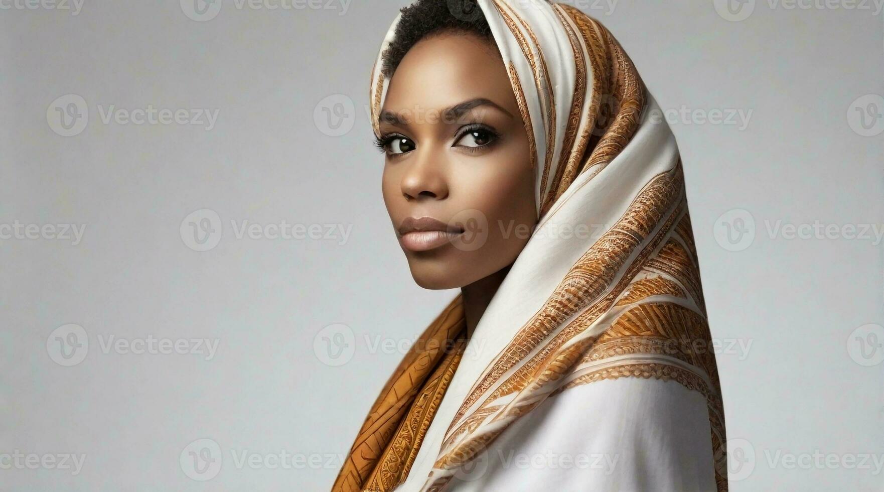 Beautiful afro-american woman wearing shawl against white background with space for text, background image, AI generated photo