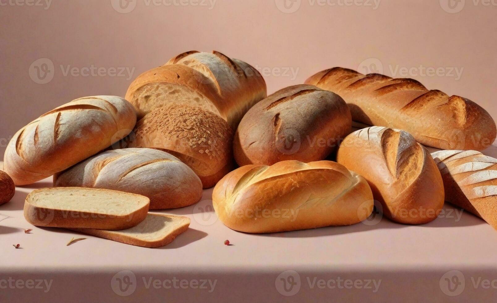 An artfully presented assortment of bread on a pastel-themed table with a serene pastel backdrop with space for text, background image, AI generated photo