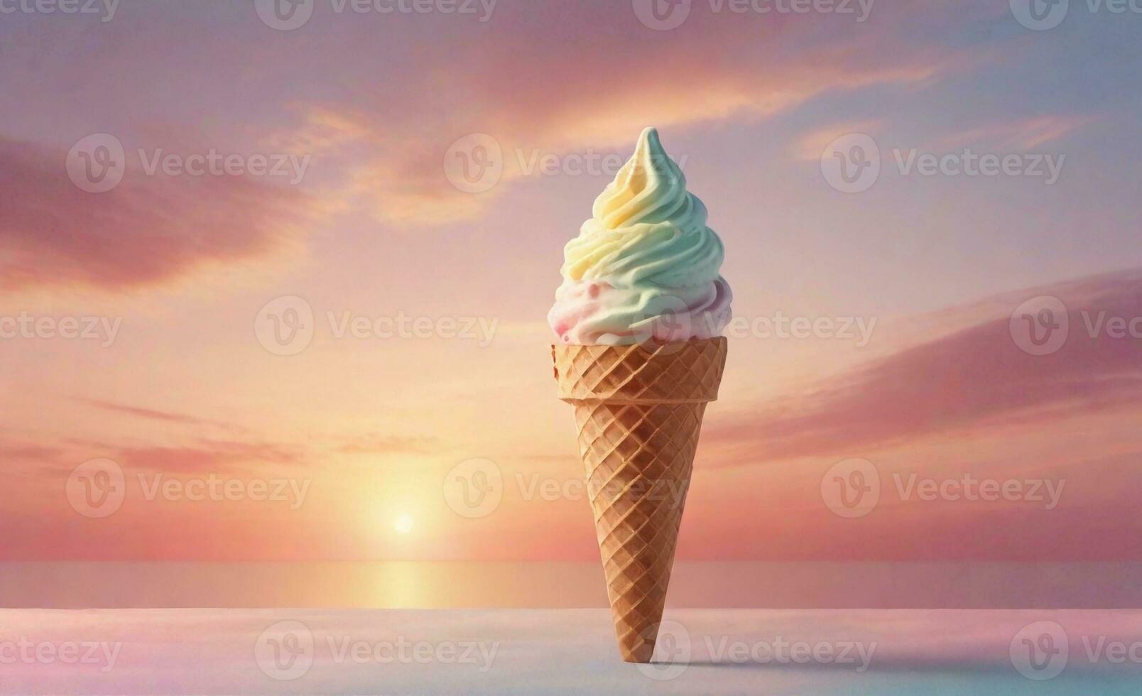 un escena con un hielo crema cono en contra un sereno pastel puesta de sol con espacio para texto, antecedentes imagen, ai generado foto