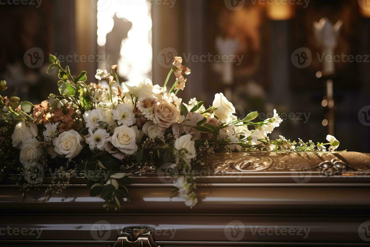 Beautiful flowers in a coffin at a funeral AI generated photo