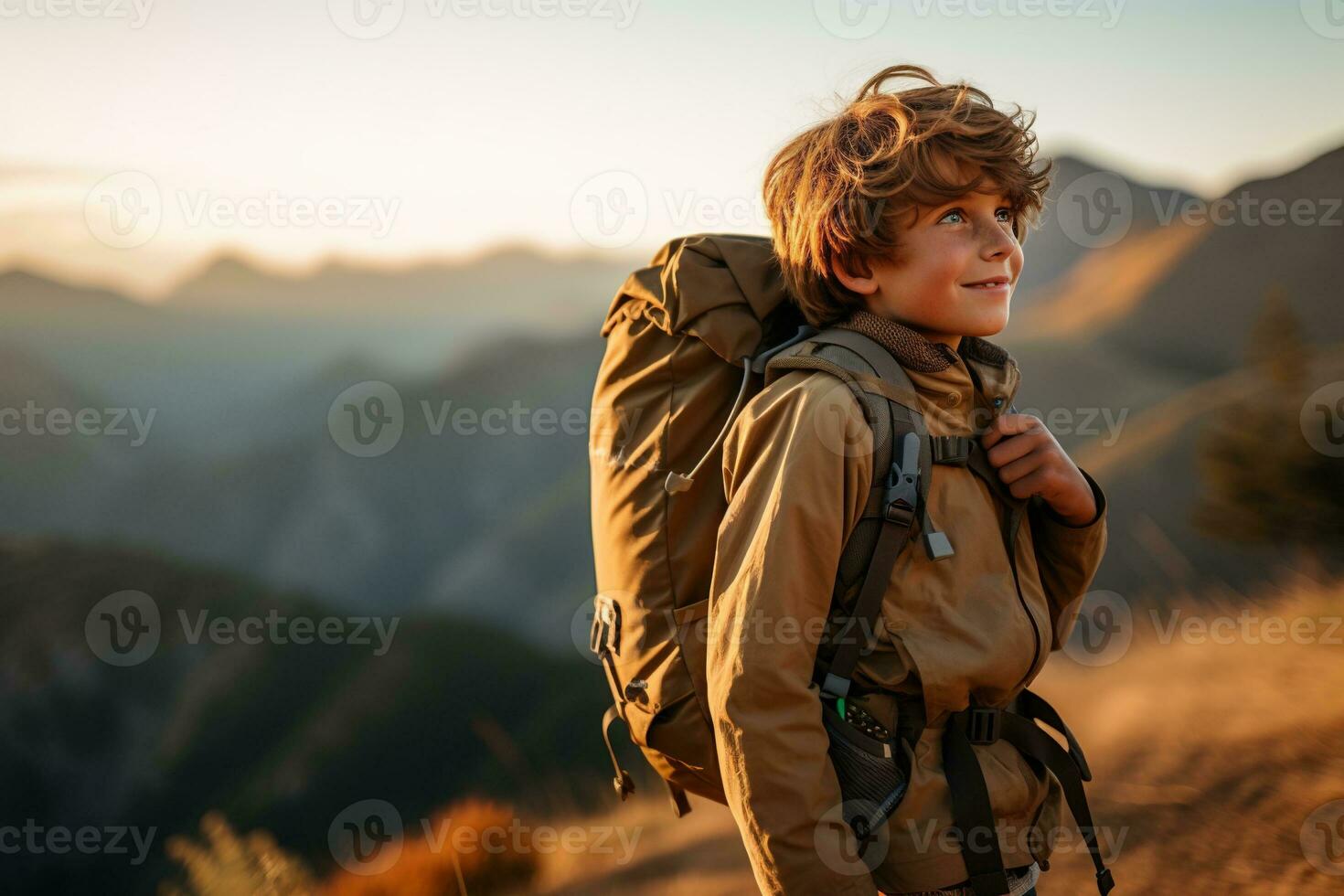 adorable pequeño chico con mochila excursionismo en montañas a puesta de sol. viaje y activo estilo de vida concepto ai generado foto