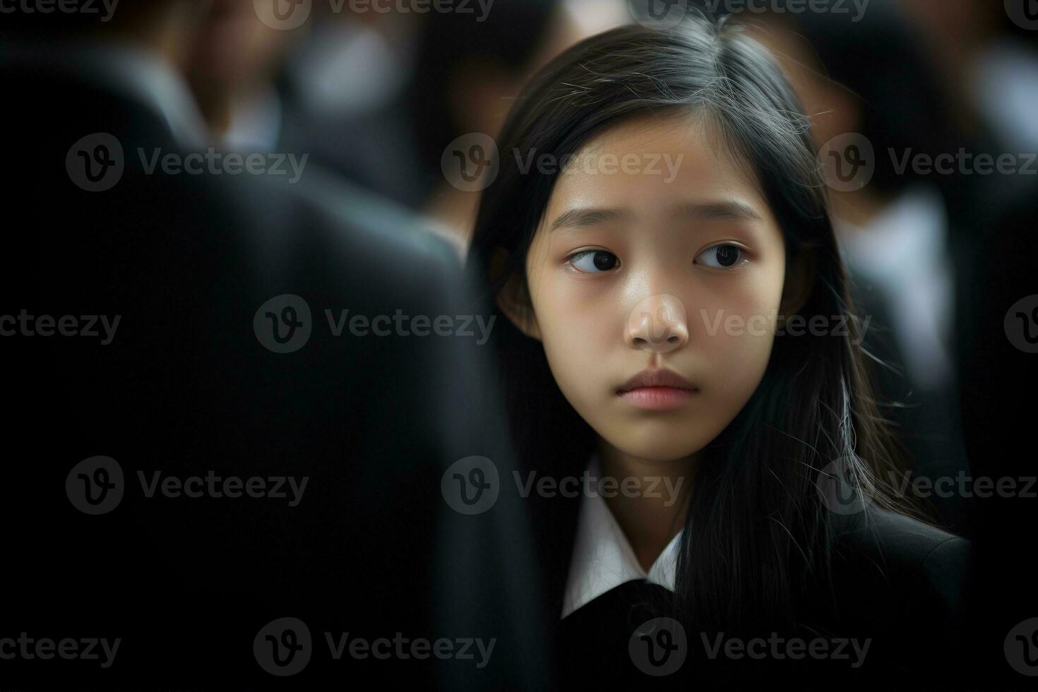 Portrait of a little asian girl with in the cemetery,Funeral Concept AI generated photo