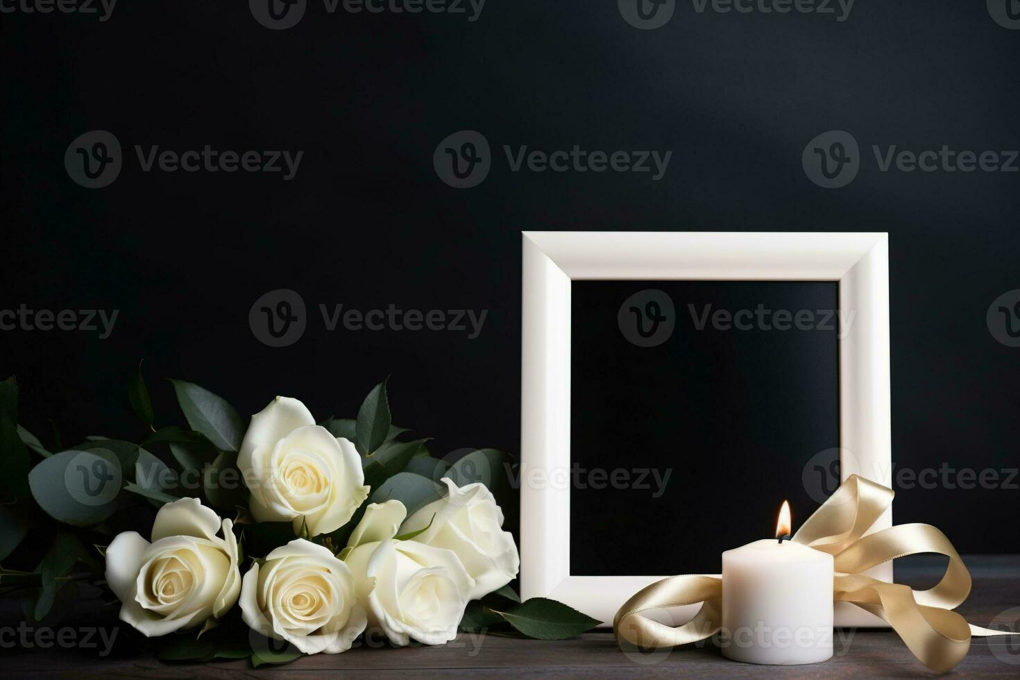 White roses with ribbon and photo frame on black background.Funeral Concept AI generated