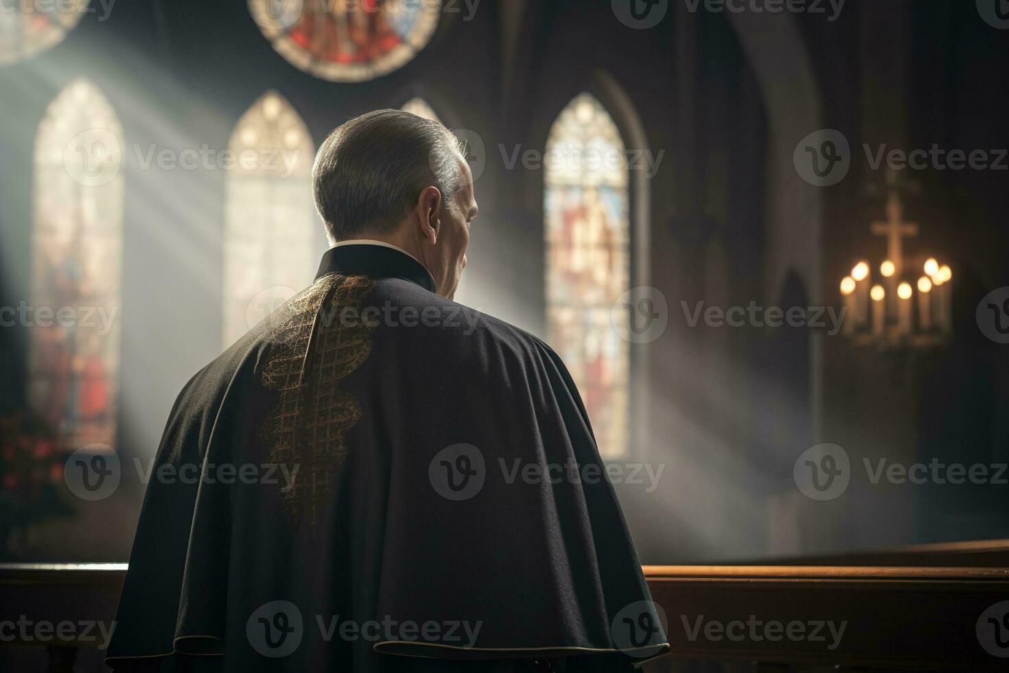 Rear view of priest looking at church interior. Religion concept. AI generated photo