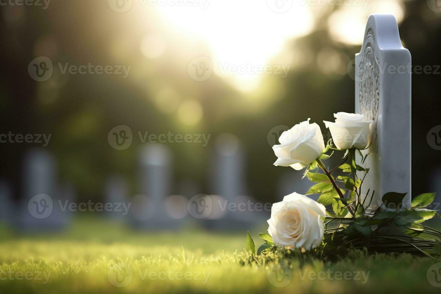 white flowers in front of a gravestone at a cemetery with sunset.Funeral Concept AI generated photo