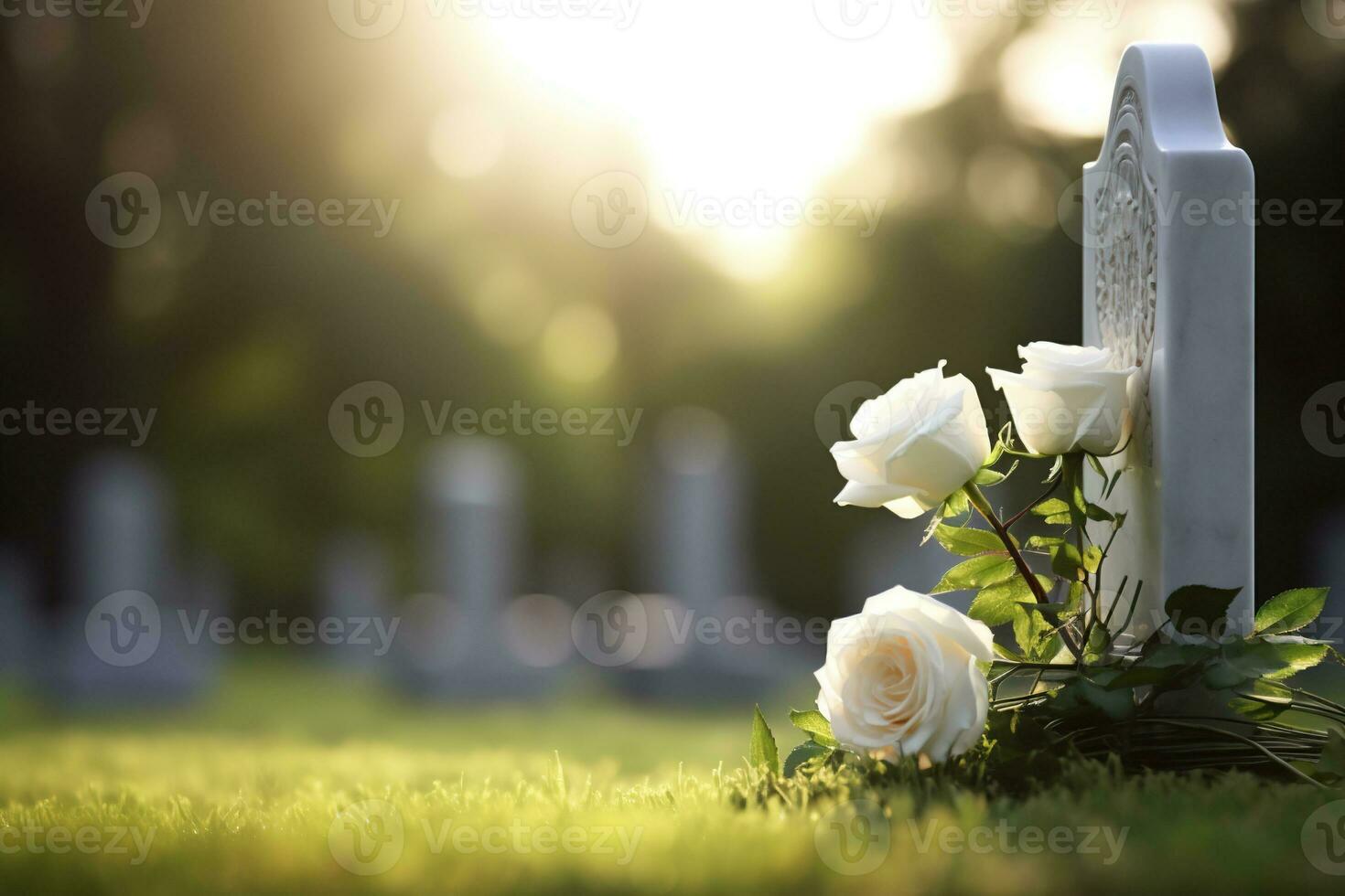 blanco flores en frente de un lápida sepulcral a un cementerio con atardecer.funeral concepto ai generado foto