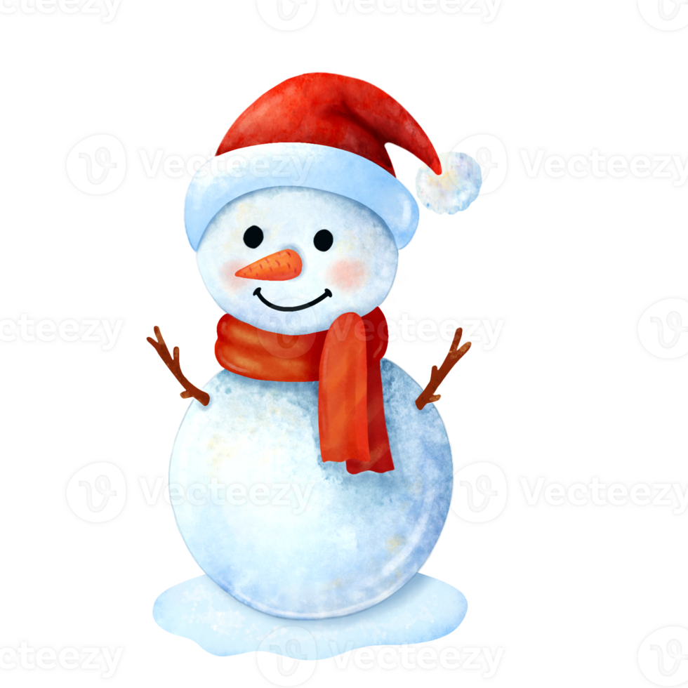 Happy snowman in red hat. Cute character. Digital watercolor. High quality photo png