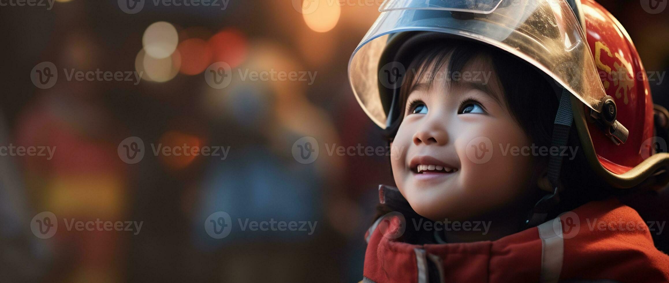 Portrait of happy asian boy wearing firefighter uniform with fire truck in background AI generated photo