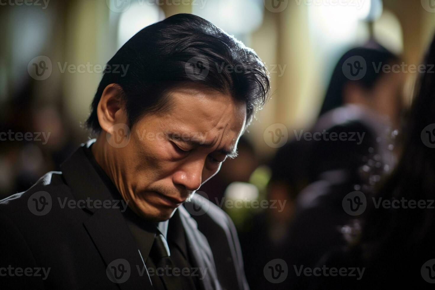 Elderly asian man with funeral sorrow and flowers in church AI generated photo