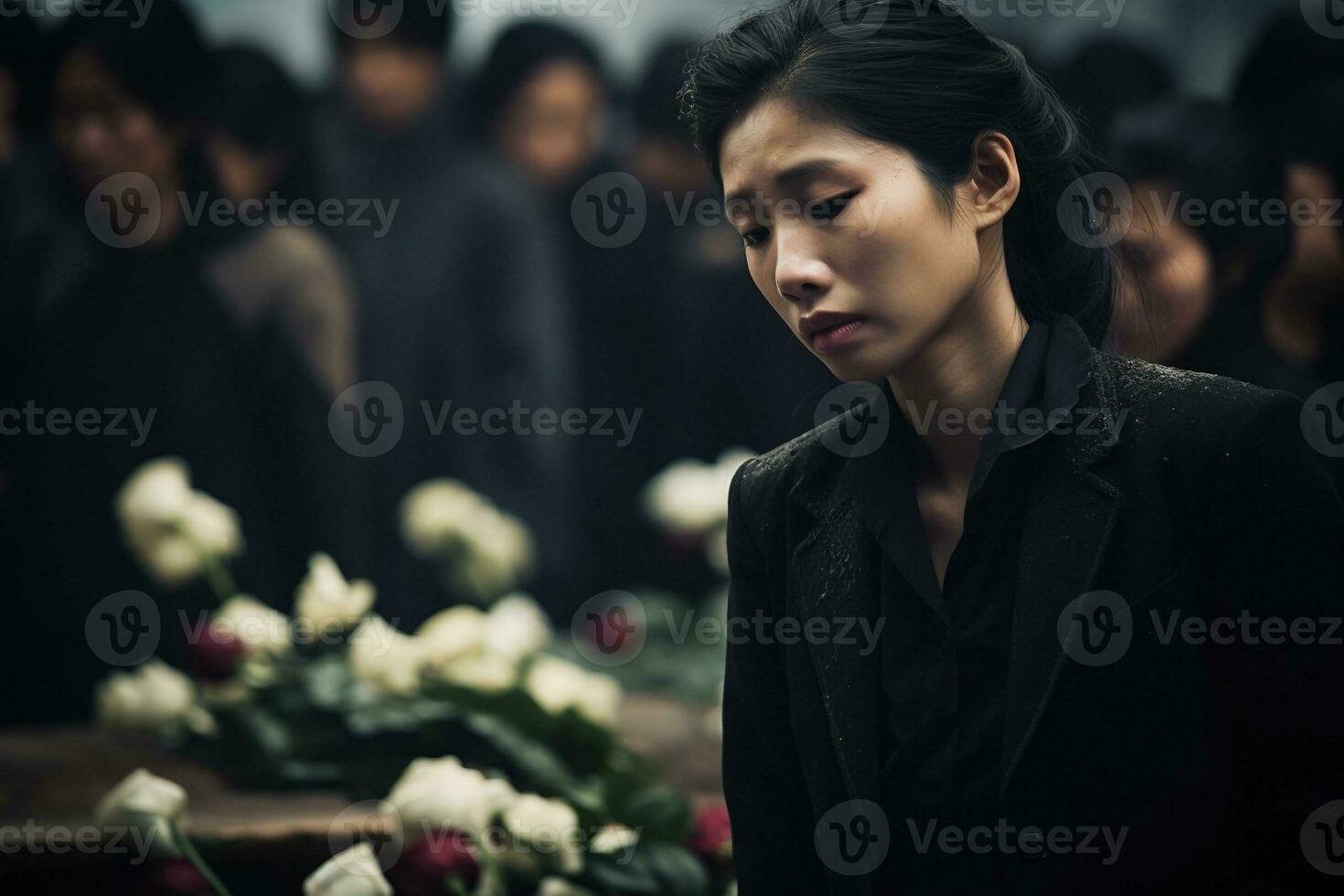 Asian woman in mourning at a funeral, shallow depth of field.Funeral Concept AI generated photo