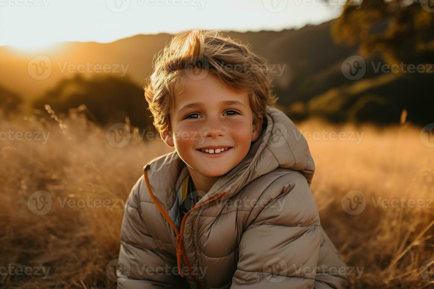 Portrait of a cute boy looking at camera while near his tent in nature AI generated photo