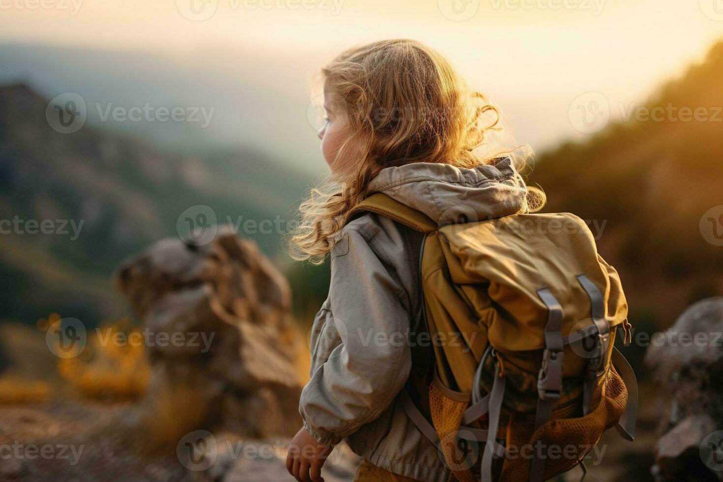 little girl with backpack hiking on mountain peak at sunset, travel and adventure concept AI generated photo