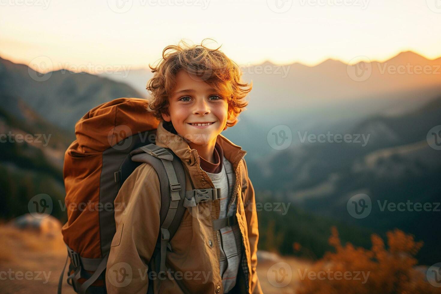 adorable pequeño chico con mochila excursionismo en montañas a puesta de sol. viaje y activo estilo de vida concepto ai generado foto