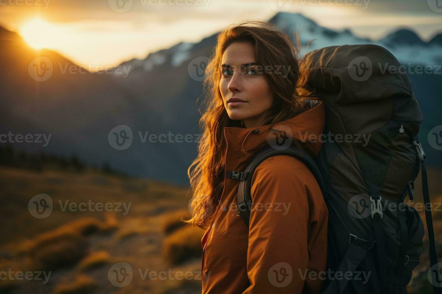 Beautiful woman hiker with backpack hiking in the mountains at sunset AI generated photo