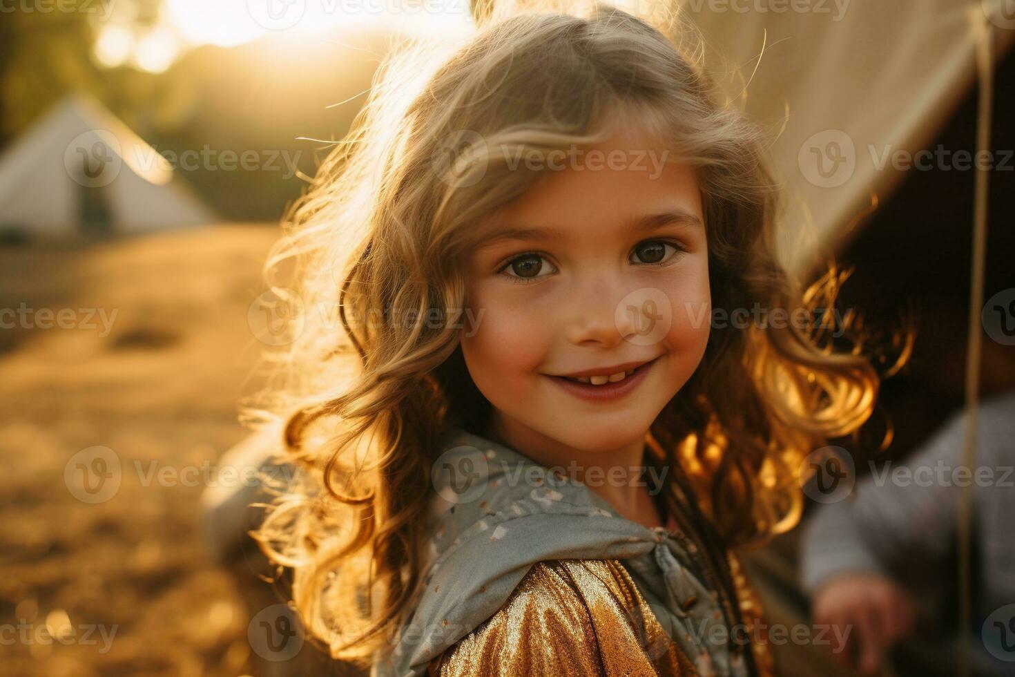 Portrait of cute little girl at camera while standing near camping tent at sunset AI generated photo