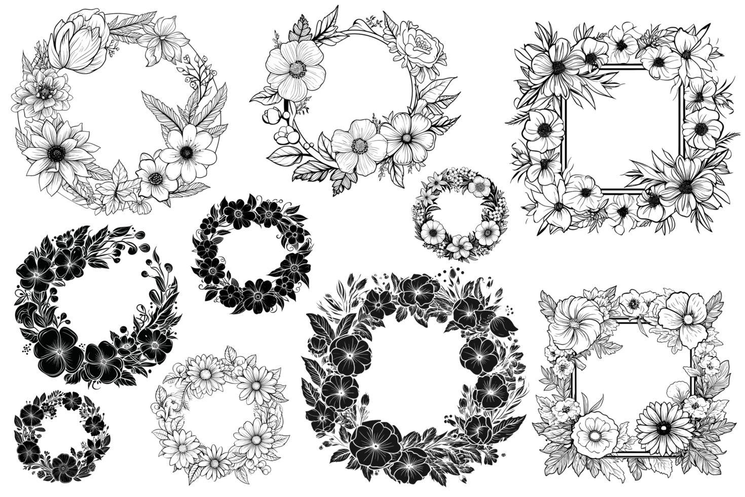 Black and White Flower Frame - Ai Generative png