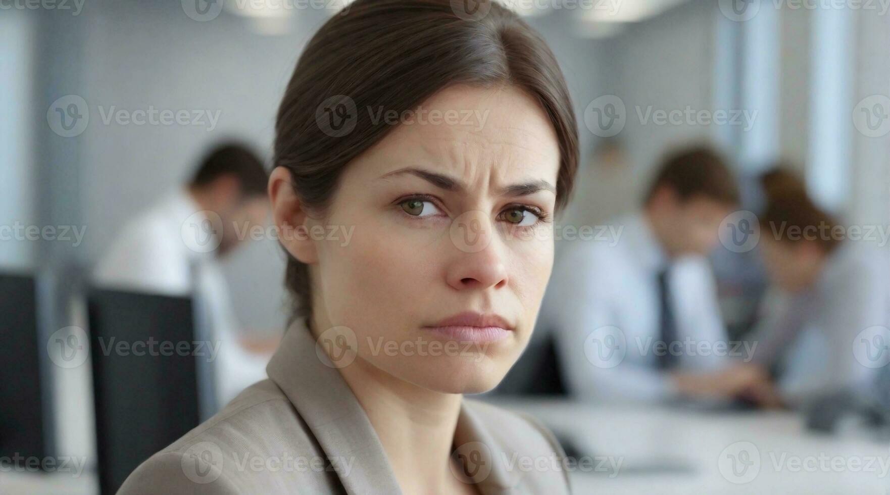 Portrait of a woman with a sad expression against office work ambience background, background image, AI generated photo