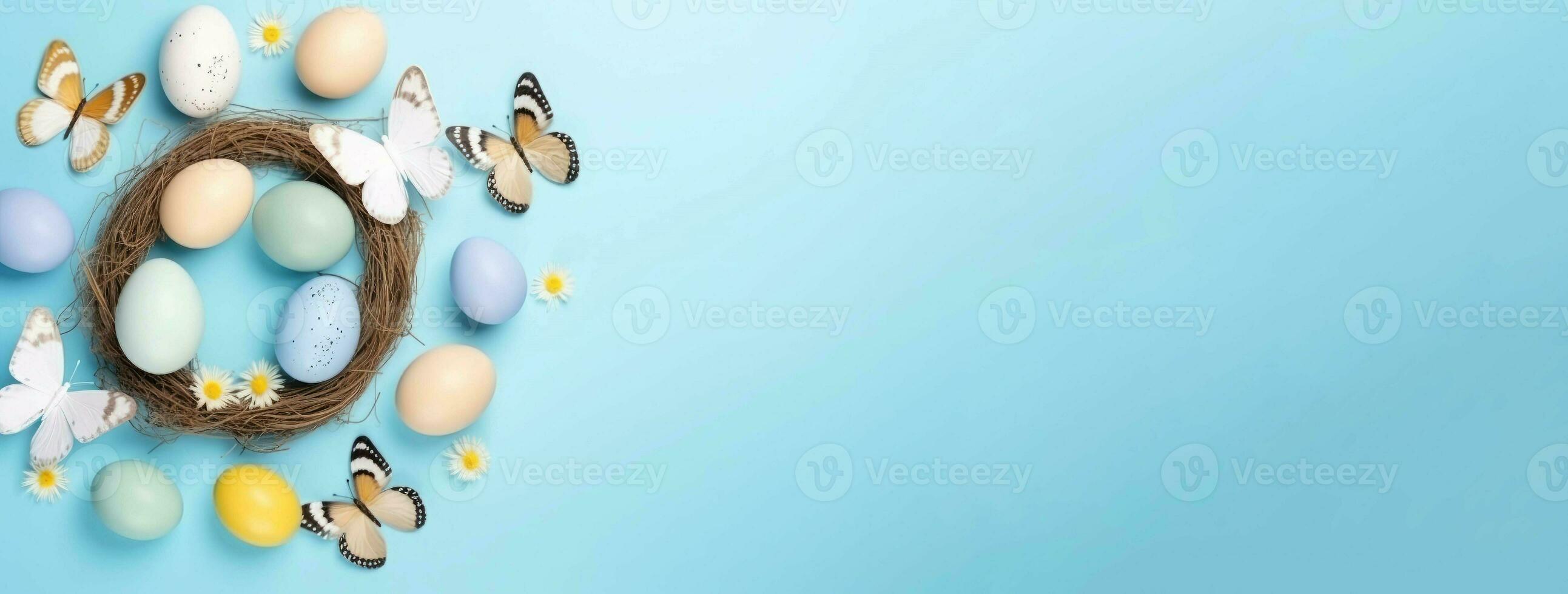 Easter eggs blue long banner. Generate Ai photo