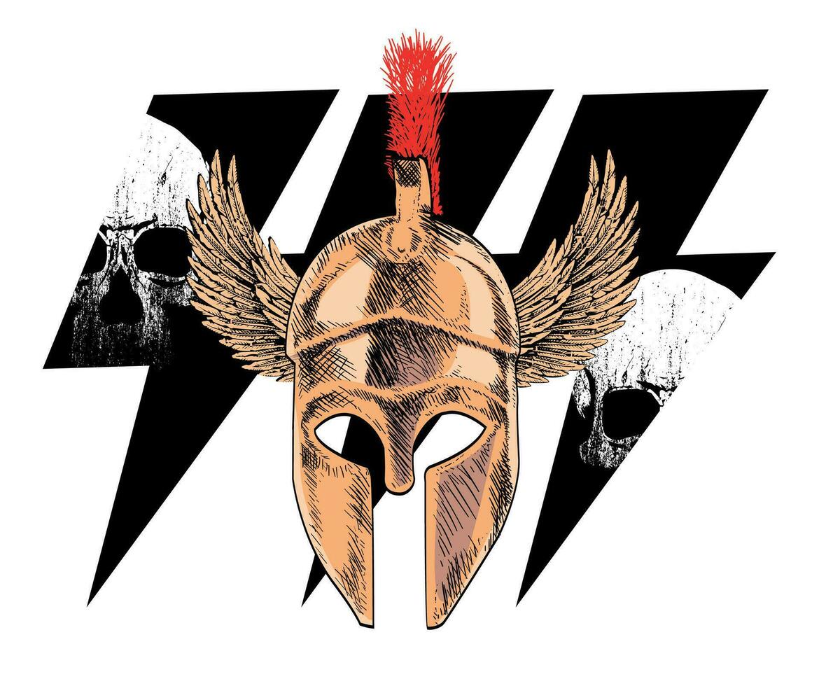 Winged Spartan helmet t-shirt design with skulls and the symbol of thunderbolt isolated on white. vector