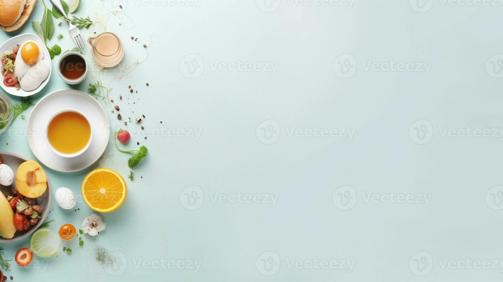 space for text on pastel background surrounded by delicious breakfast meal from top view, background image, AI generated photo