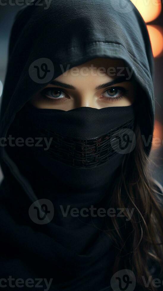 hermosa hembra ninja retrato con espacio para texto en el lado, vertical formato, antecedentes imagen, ai generado foto