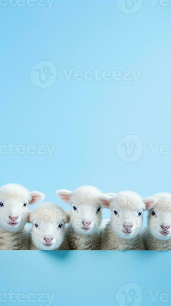 cute baby sheeps on a light blue background with space for text on the left side, vertical format, background image, AI generated photo