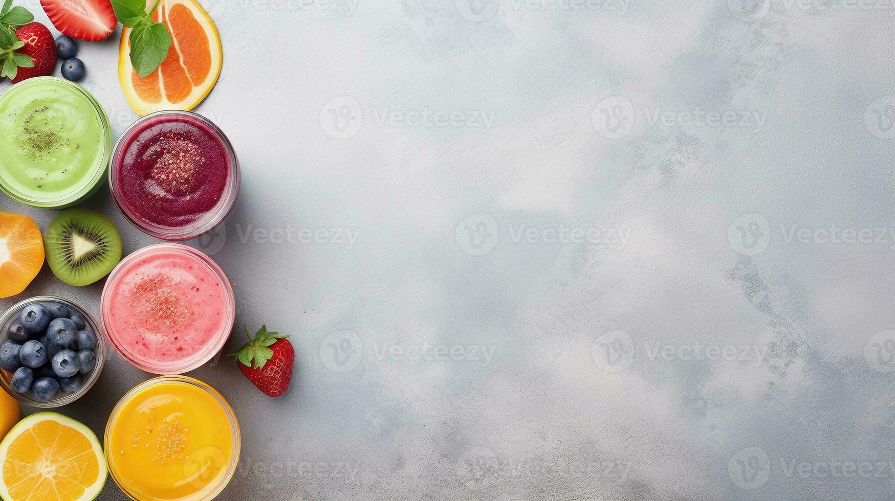 space for text on textured background surrounded by delicious smoothies from top view, background image, AI generated photo