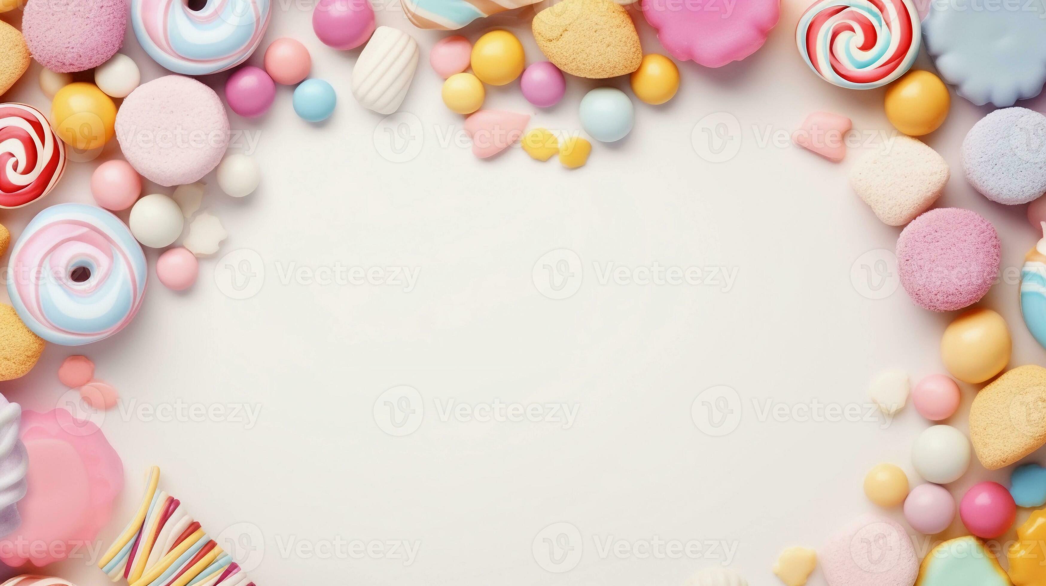 space for text on pastel background surrounded by sweets and candies