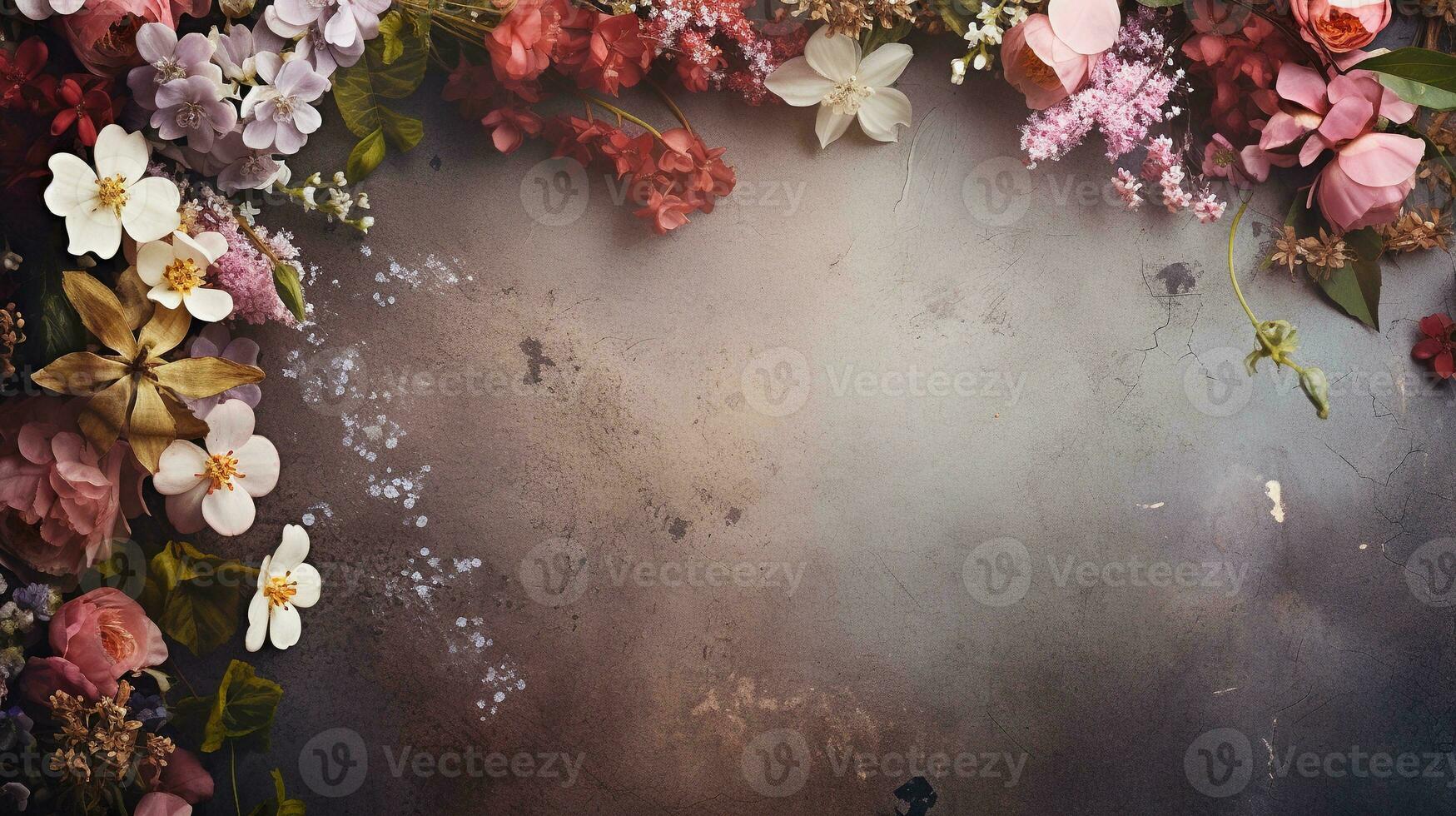 space for text on textured background surrounded by flowers, background image, AI generated photo
