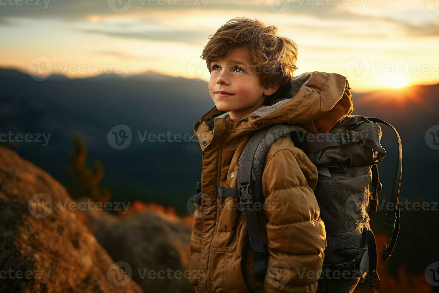 adorable pequeño chico con mochila excursionismo en montañas a puesta de sol. viaje y activo estilo de vida concepto ai generado foto