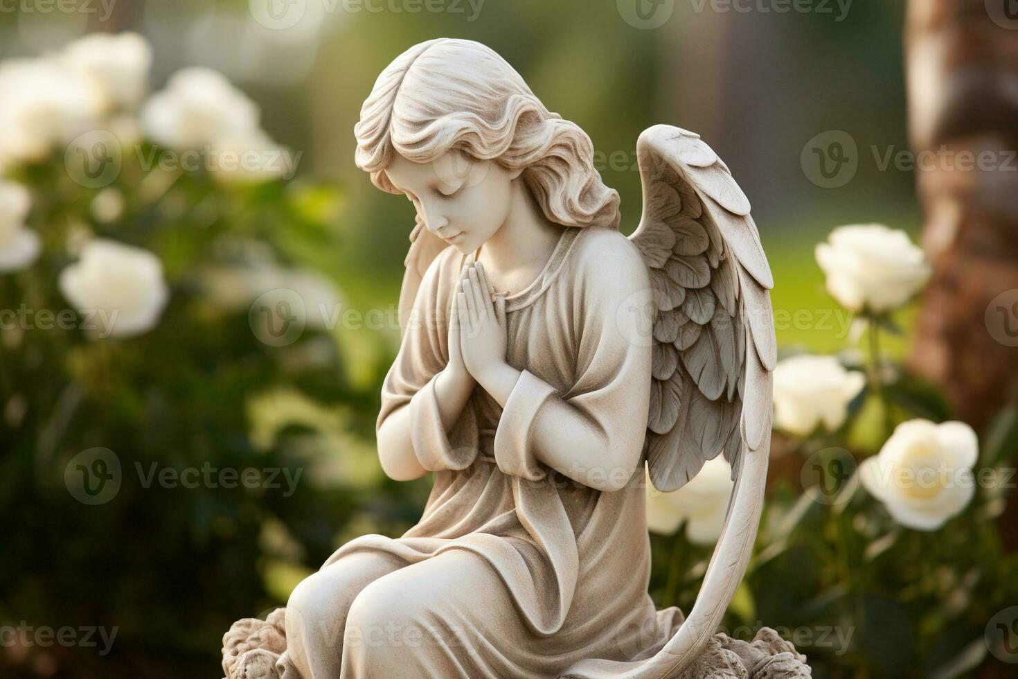 ange statue avec blanc des roses dans le cimetière.religieux Contexte ai  généré 33258455 Photo de stock chez Vecteezy