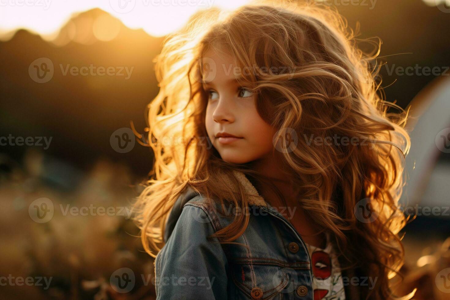 Portrait of cute little girl at camera while standing near camping tent at sunset AI generated photo