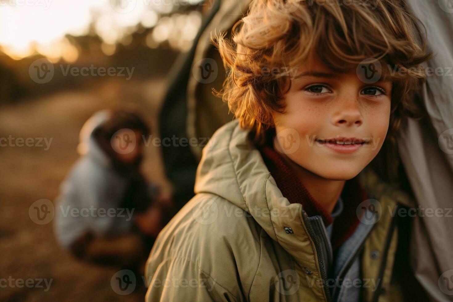 Portrait of a cute boy looking at camera while near his tent in nature AI generated photo