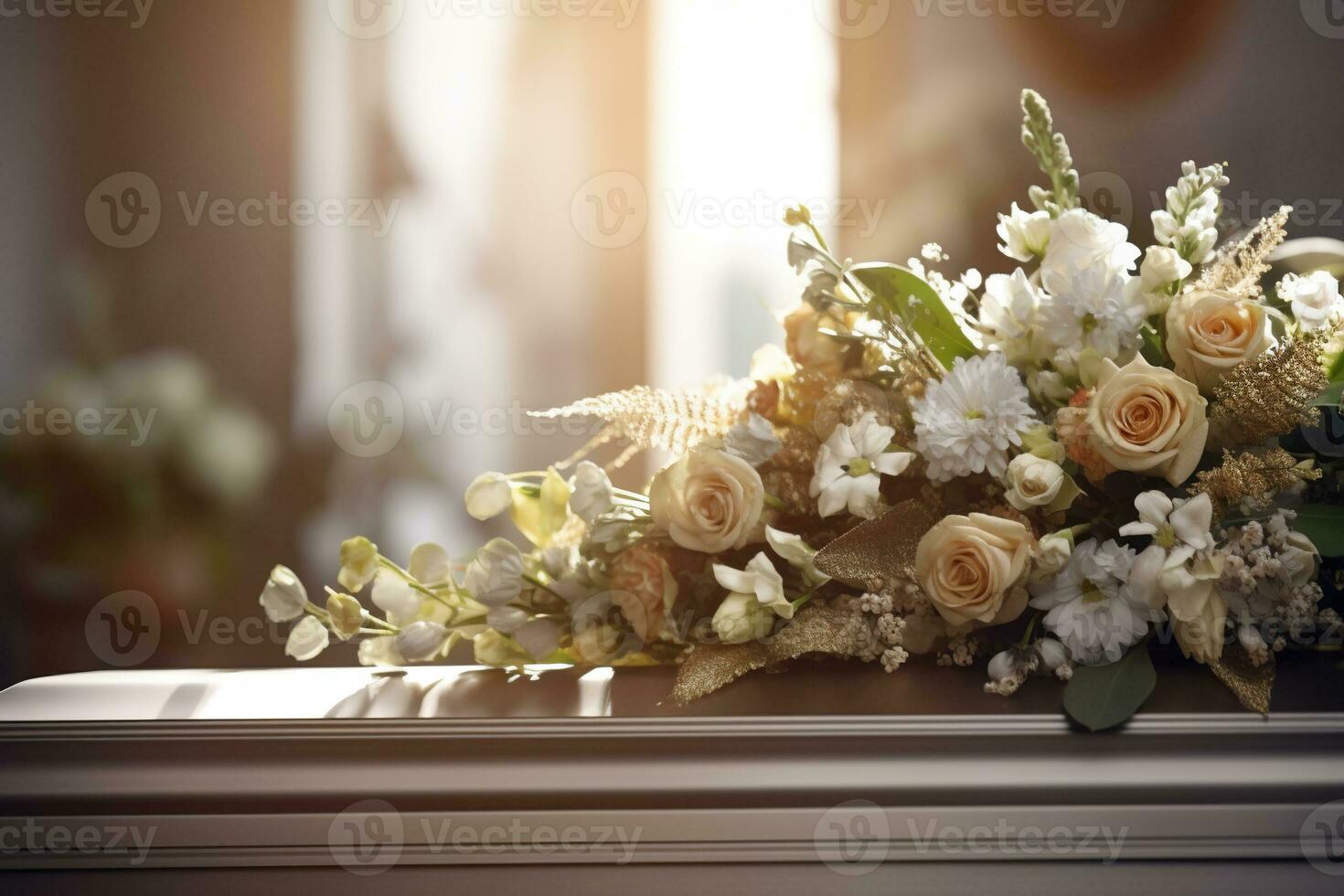 White coffin with flowers. The concept of funeral. AI generated photo