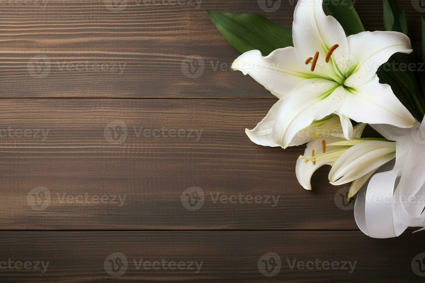 White lily flowers on wooden background. Top view with copy space.Funeral Concept AI generated photo