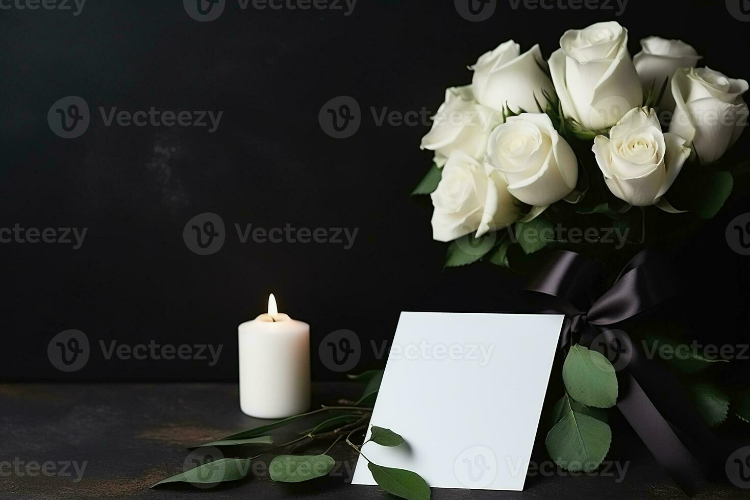 White roses with ribbon and photo frame on black background.Funeral Concept AI generated