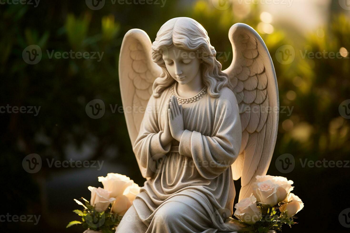 ange statue avec blanc des roses dans le cimetière.religieux Contexte ai  généré 33258455 Photo de stock chez Vecteezy