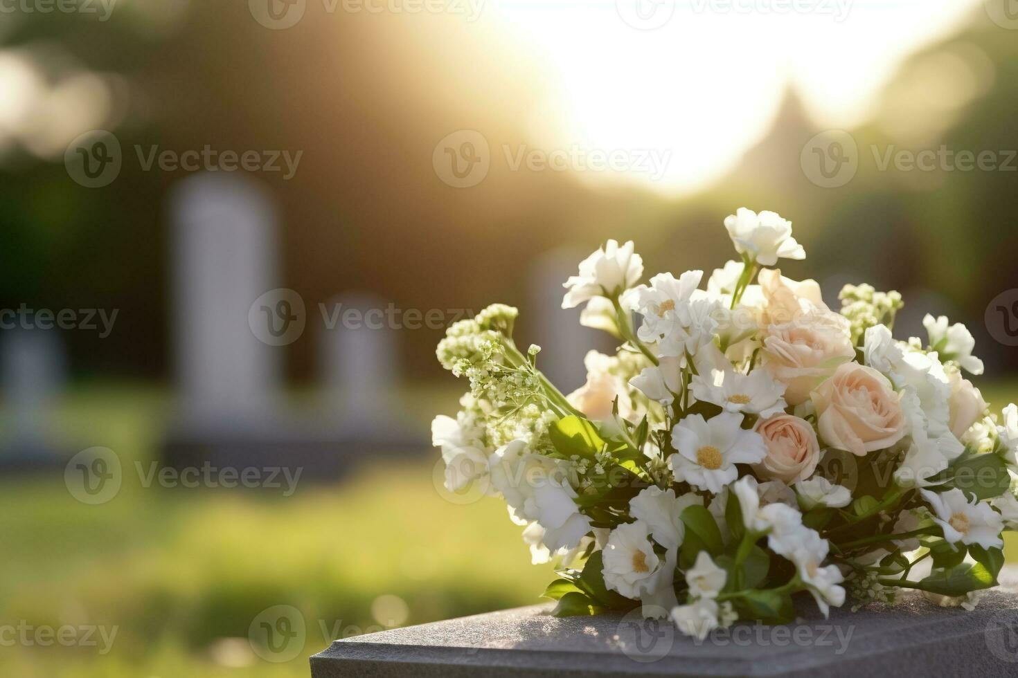 white flowers in front of a gravestone at a cemetery with sunset.Funeral Concept AI generated photo